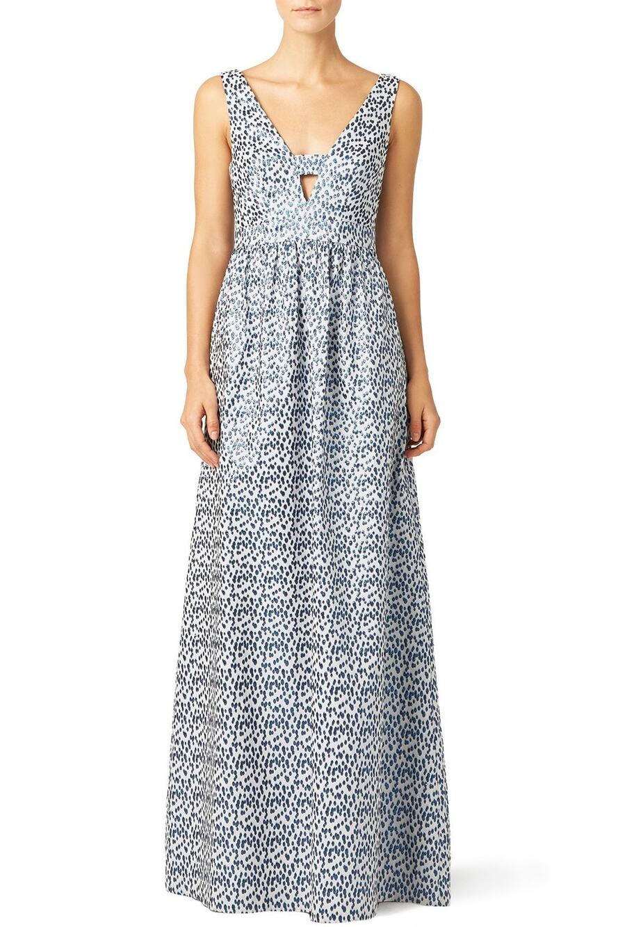 Nicole Miller White Blue Metallic Sleeveless V-Neck Keyhole Formal Gown 4
